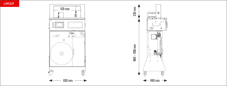 Layout fascettatrice Easy Band 45B con arco interno da W 470 x H 208 mm