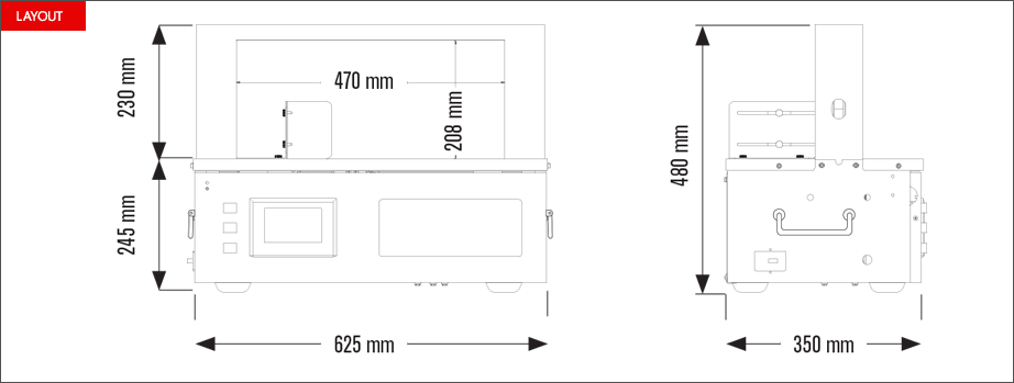 Layout fascettatrice Easy Band 45 con arco interno da W 470x H 208