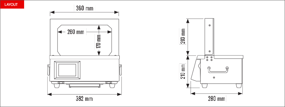 Layout fascettatrice Easy band 25-200 con arco interno da W260 x H170