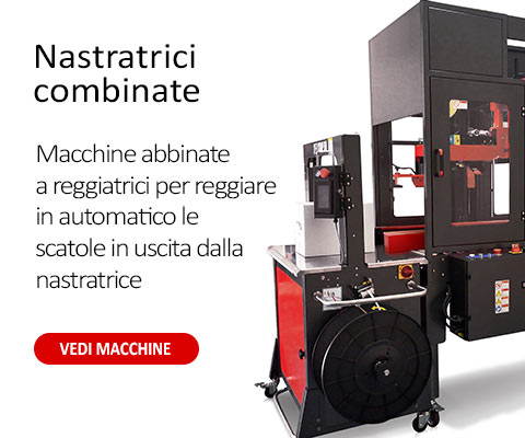 Nastratrici combinate a reggiatrici per reggiare le scatole all'uscita della nastratrice